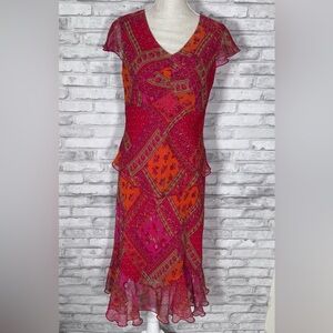 Ombre Pink Orange Sheer Patchwork Pattern Midi Skirt Blouse Top Set